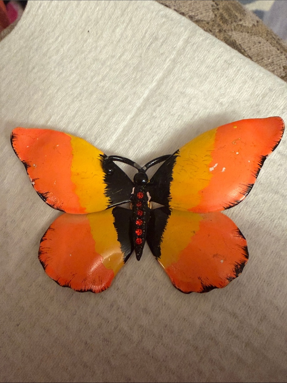 Handcrafted vintage 1960s enamel Orange and Yellow butterfly pin.